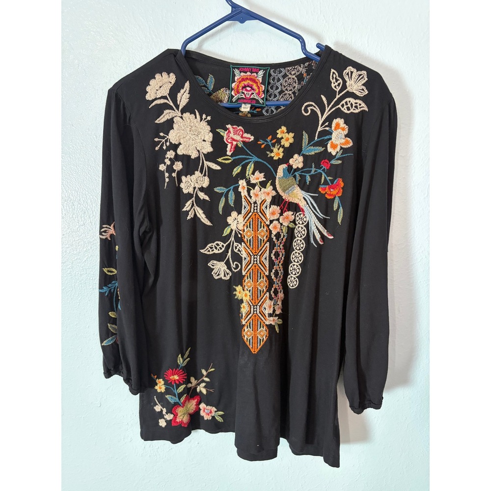 Johnny Was Ellia Puff Sleeve Tee Black Embroidered Floral Bird Top M Boho